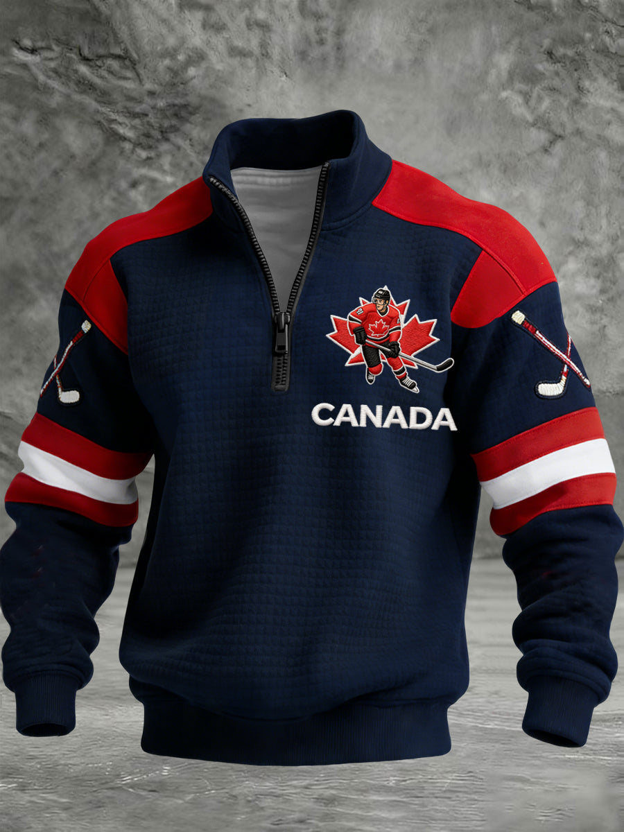 Retro Canadian Hockey Casual Waffle-Weave Patchwork Pullover