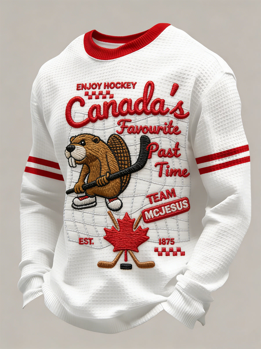 Retro Canadian Hockey Beaver Casual Waffle Weave T-Shirt
