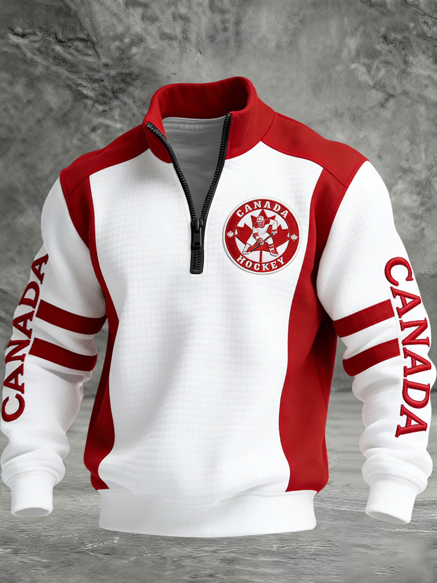 Retro Canadian Hockey Emblem Waffle-Weave Patchwork Pullover