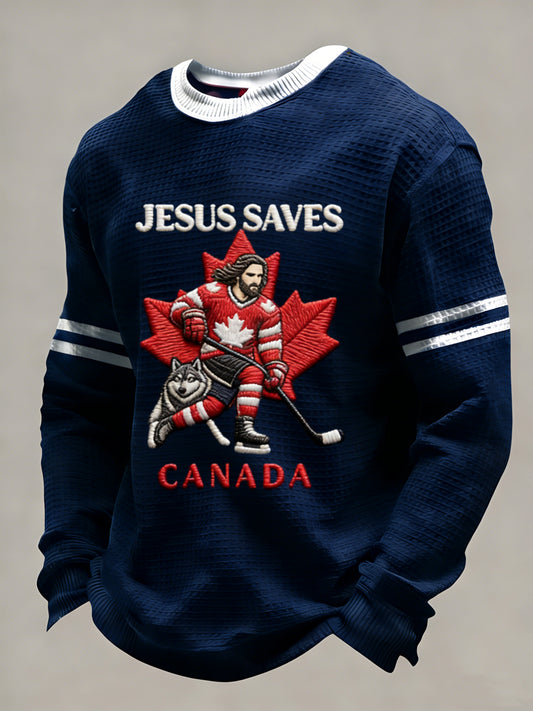 Retro Canadian Jesus Hockey Casual Waffle-Weave T-Shirt