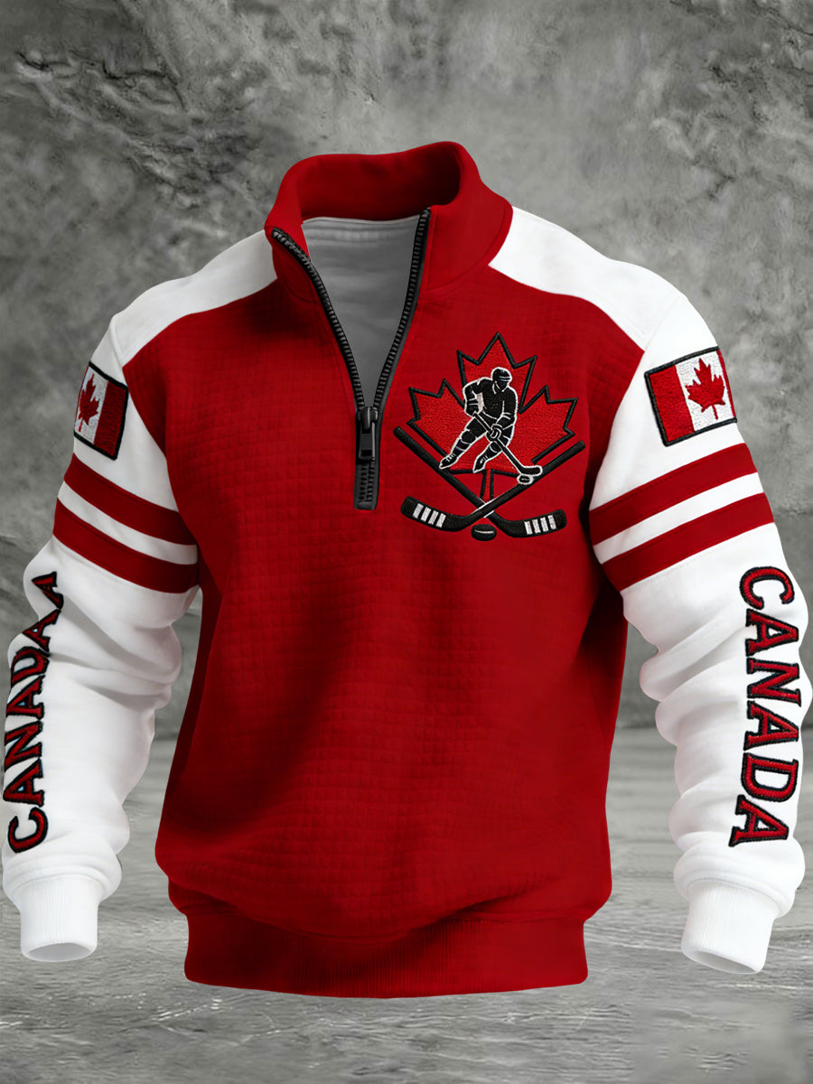 Retro Canadian Hockey Flag Casual Waffle-Weave Patchwork Pullover