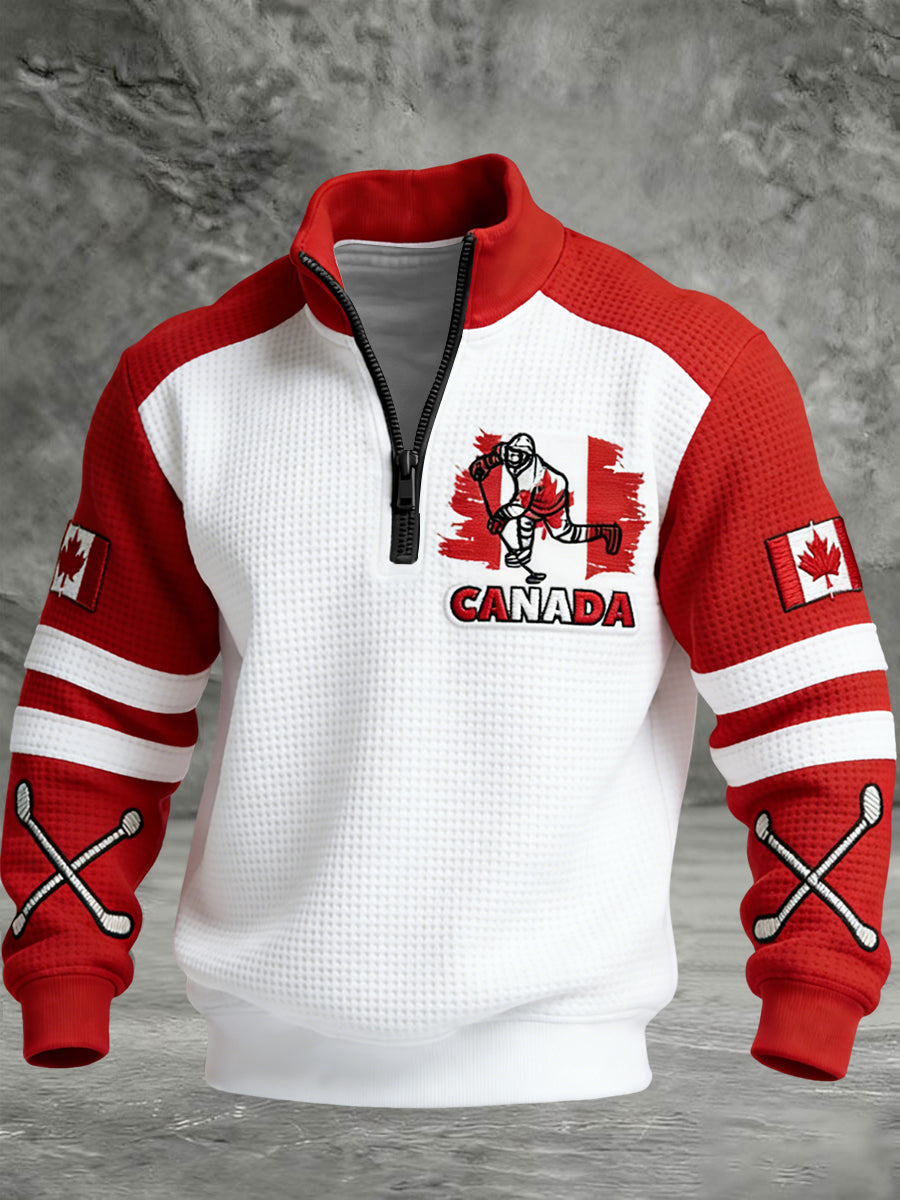 Retro Abstract Canada Hockey Flag Casual Waffle Knit Pullover