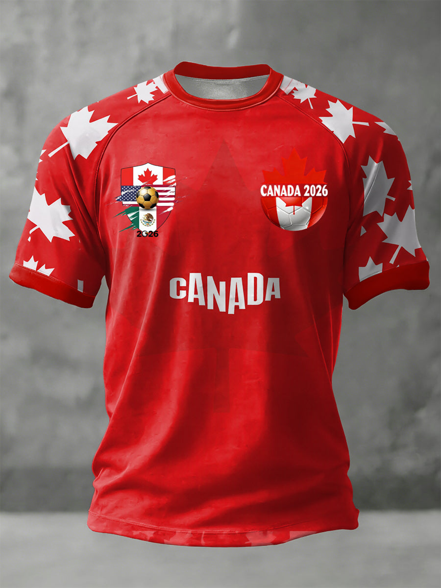 Retro Canada 2026 Soccer Maple Leaf Art Casual T-Shirt