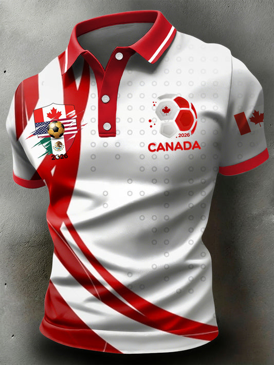 Retro Canadian 2026 Soccer Striped Art Casual Polo Shirt