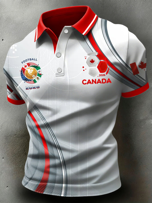Retro Canadian 2026 Soccer Striped Art Casual Polo Shirt