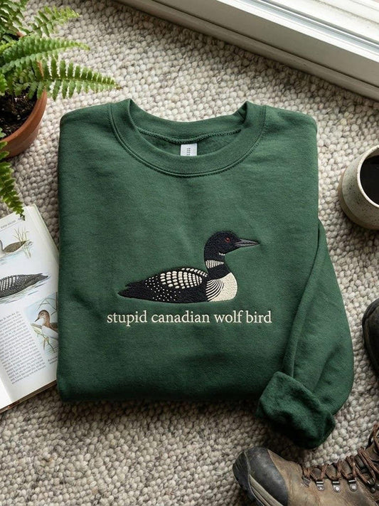 Women's Stupid Canadian Wolf Bird Embroidery Pattern Sweatshirt