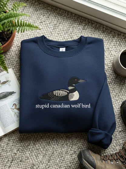 Women's Stupid Canadian Wolf Bird Embroidery Pattern Sweatshirt