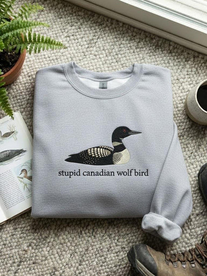 Women's Stupid Canadian Wolf Bird Embroidery Pattern Sweatshirt