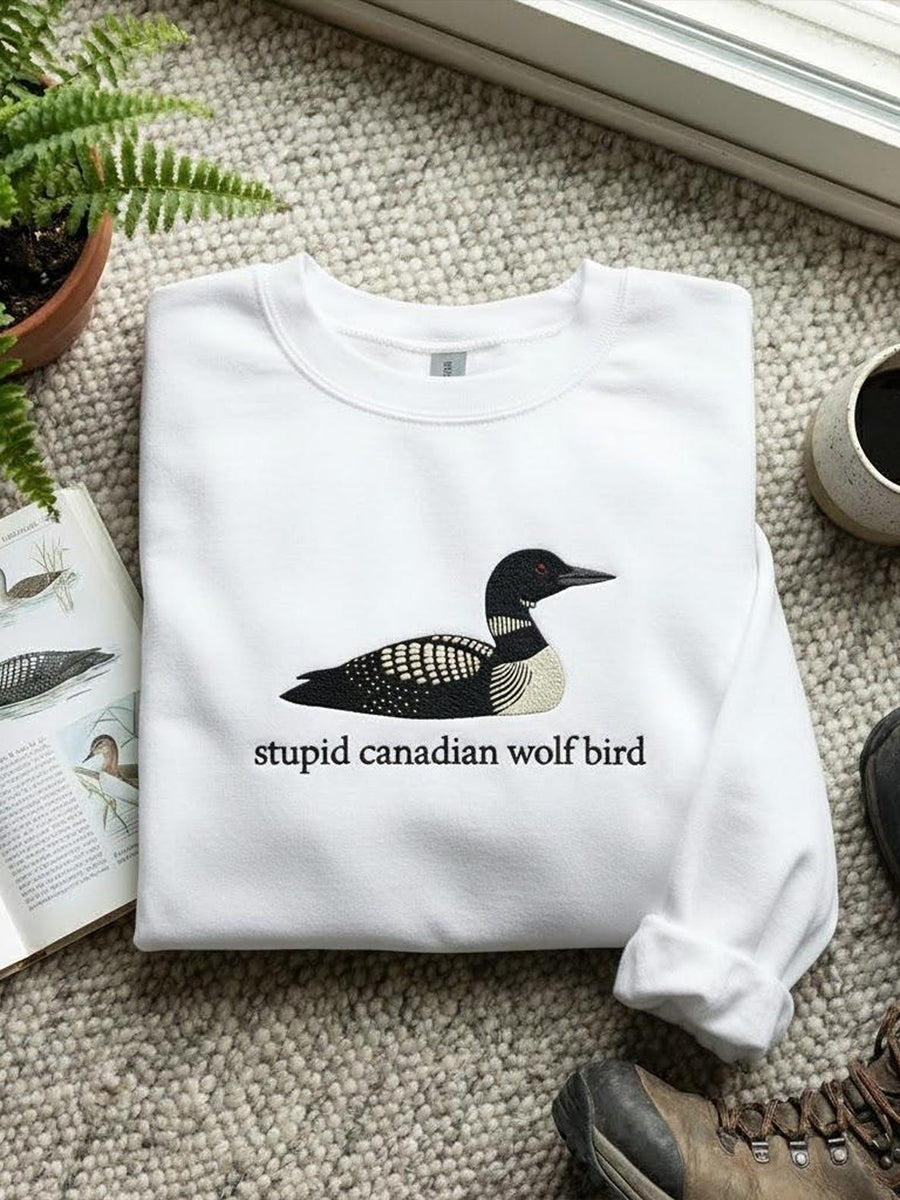 Women's Stupid Canadian Wolf Bird Embroidery Pattern Sweatshirt