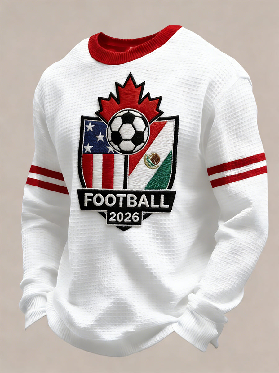 Retro Canada 2026 Soccer Maple Leaf Badge Casual Waffle Weave T-Shirt
