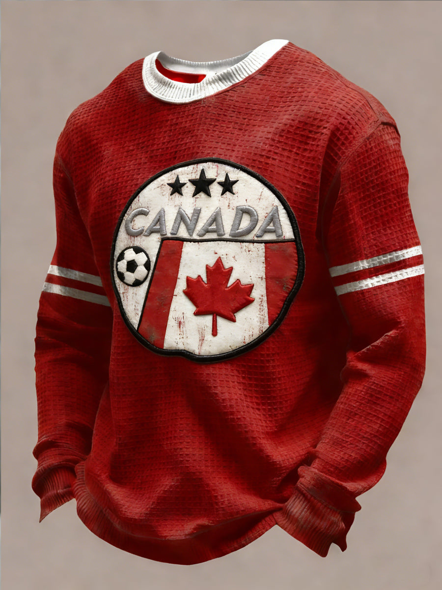 Retro Canada 2026 Soccer Flag Abstract Casual Waffle Weave T-Shirt