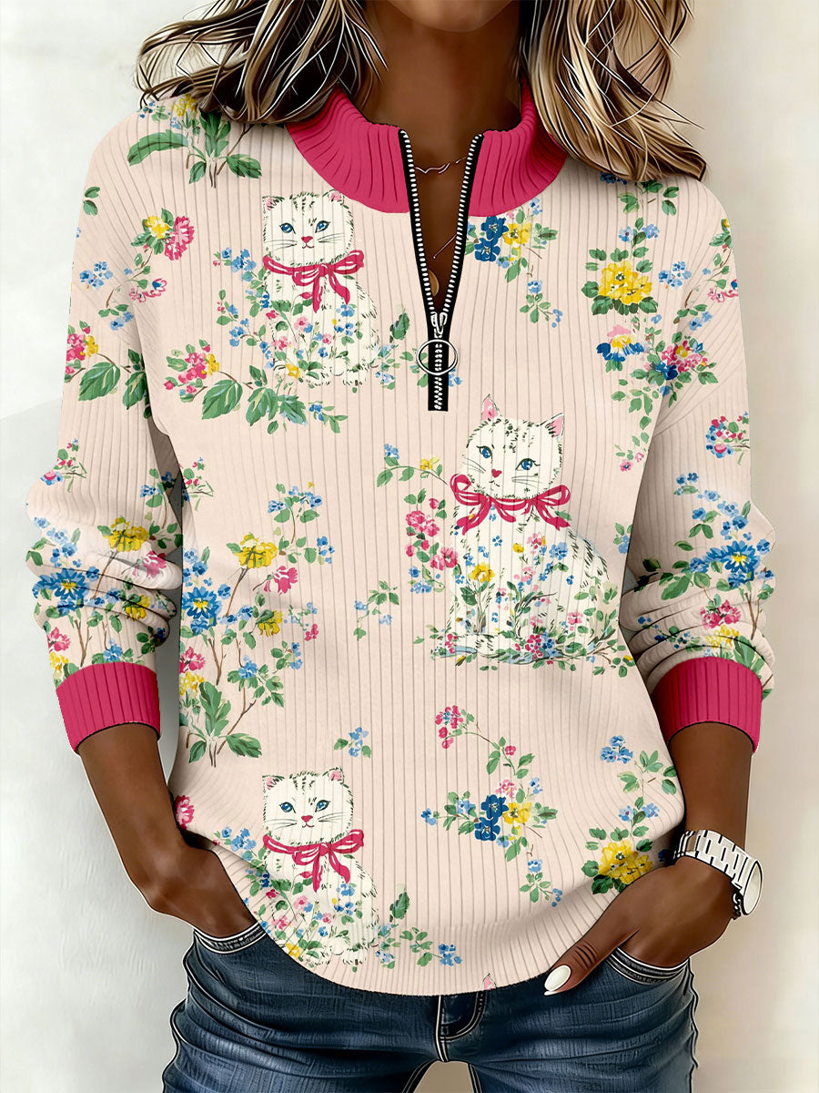 Women's Floral Cat Print Hoodies