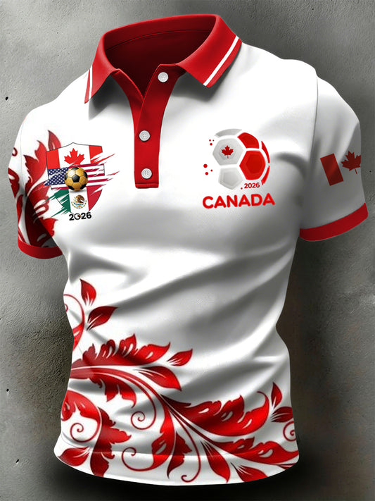 Retro Canada 2026 Soccer Pattern Casual Polo Shirt