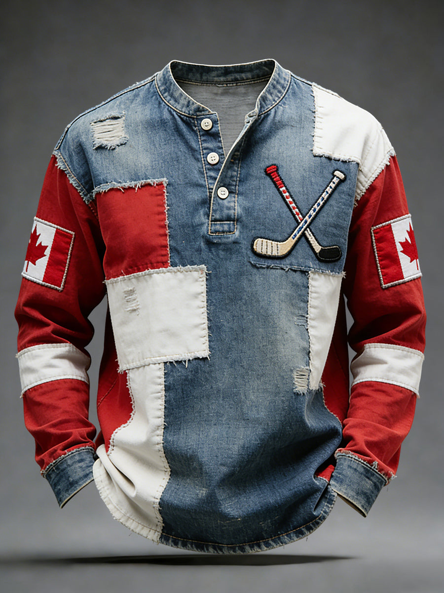 Retro Canadian Hockey Patchwork Casual Henley Shirt