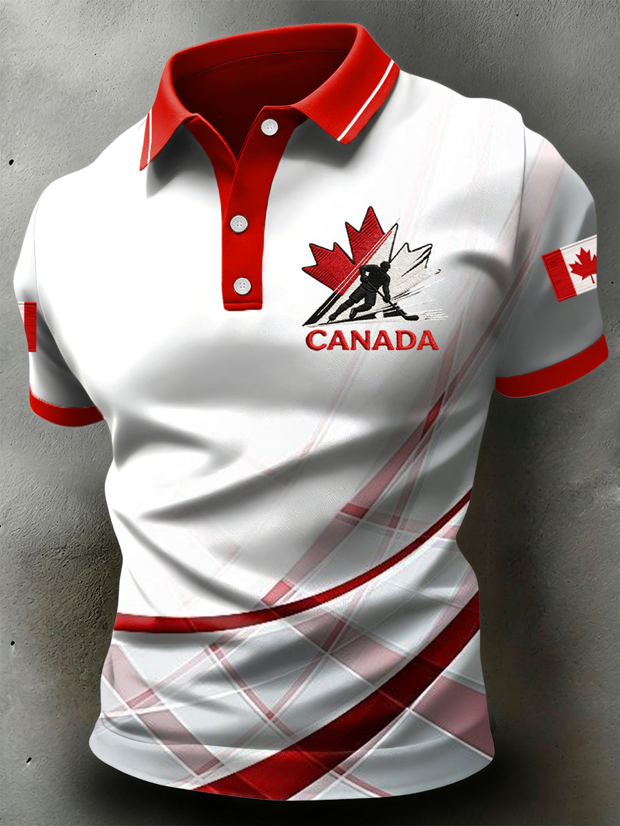 Retro Canadian Hockey Abstract Stripes Casual Polo Shirt