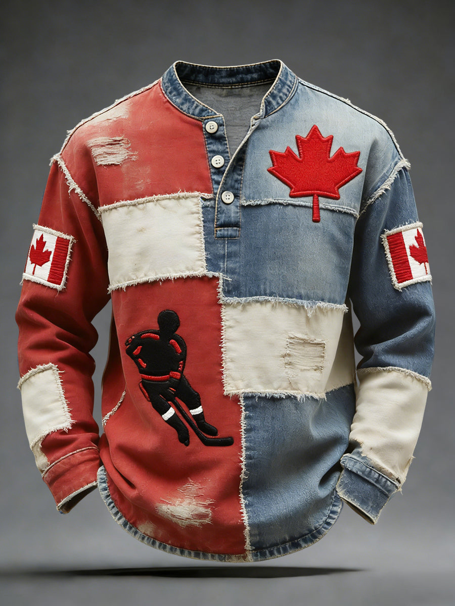Retro Canadian Maple Leaf Hockey Flag Casual Henley Shirt