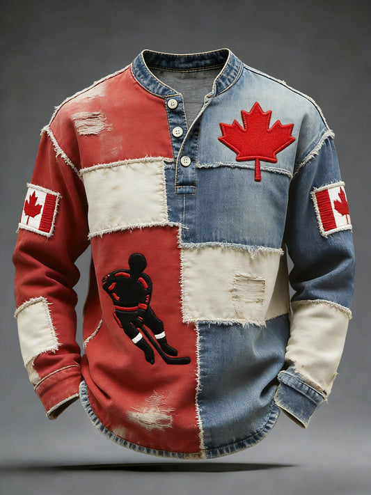Retro Canadian Maple Leaf Hockey Flag Casual Henley Shirt
