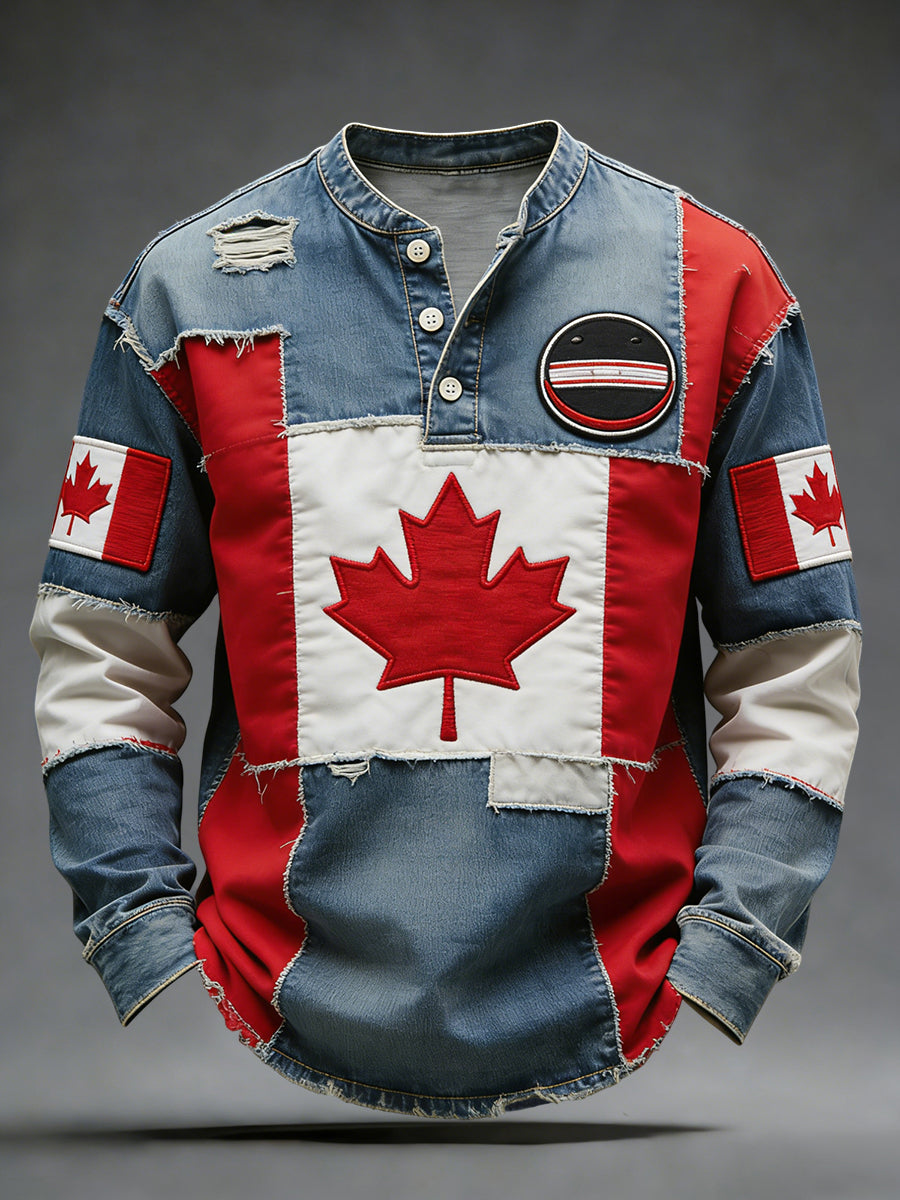 Retro Canadian Hockey Flag Patchwork Casual Henley Shirt