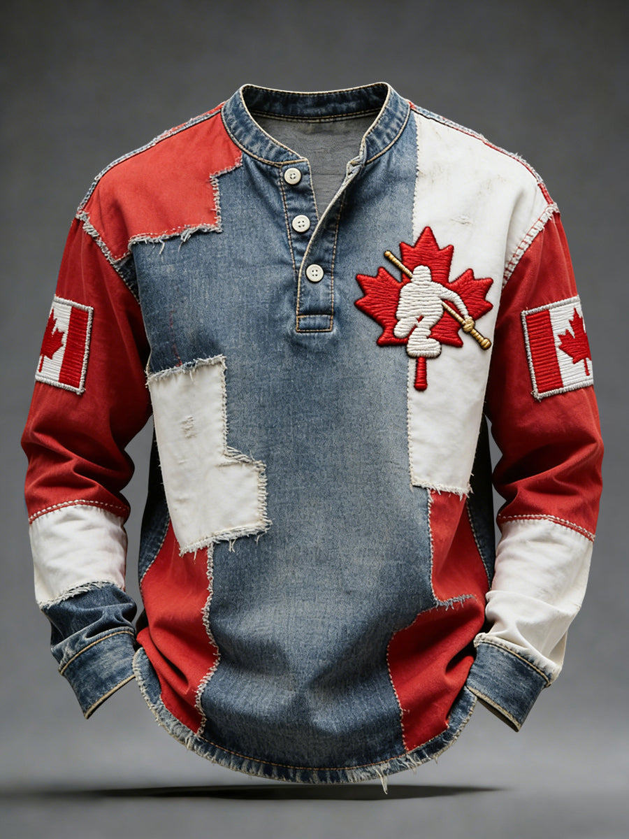 Retro Canadian Maple Leaf Hockey Patchwork Casual Henley Shirt