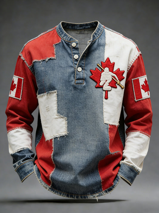 Retro Canadian Maple Leaf Hockey Patchwork Casual Henley Shirt