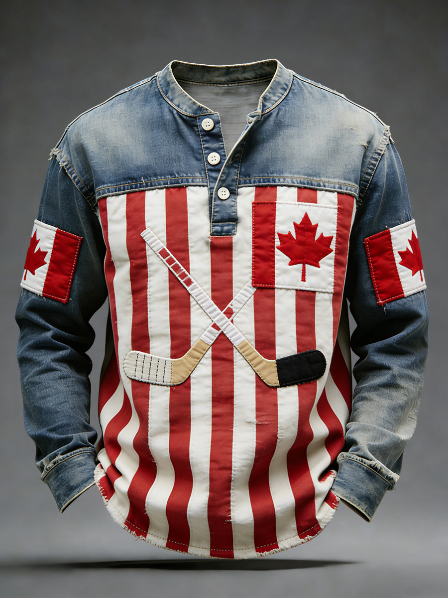 Retro Canadian Hockey Stripe Patchwork Casual Henley Shirt