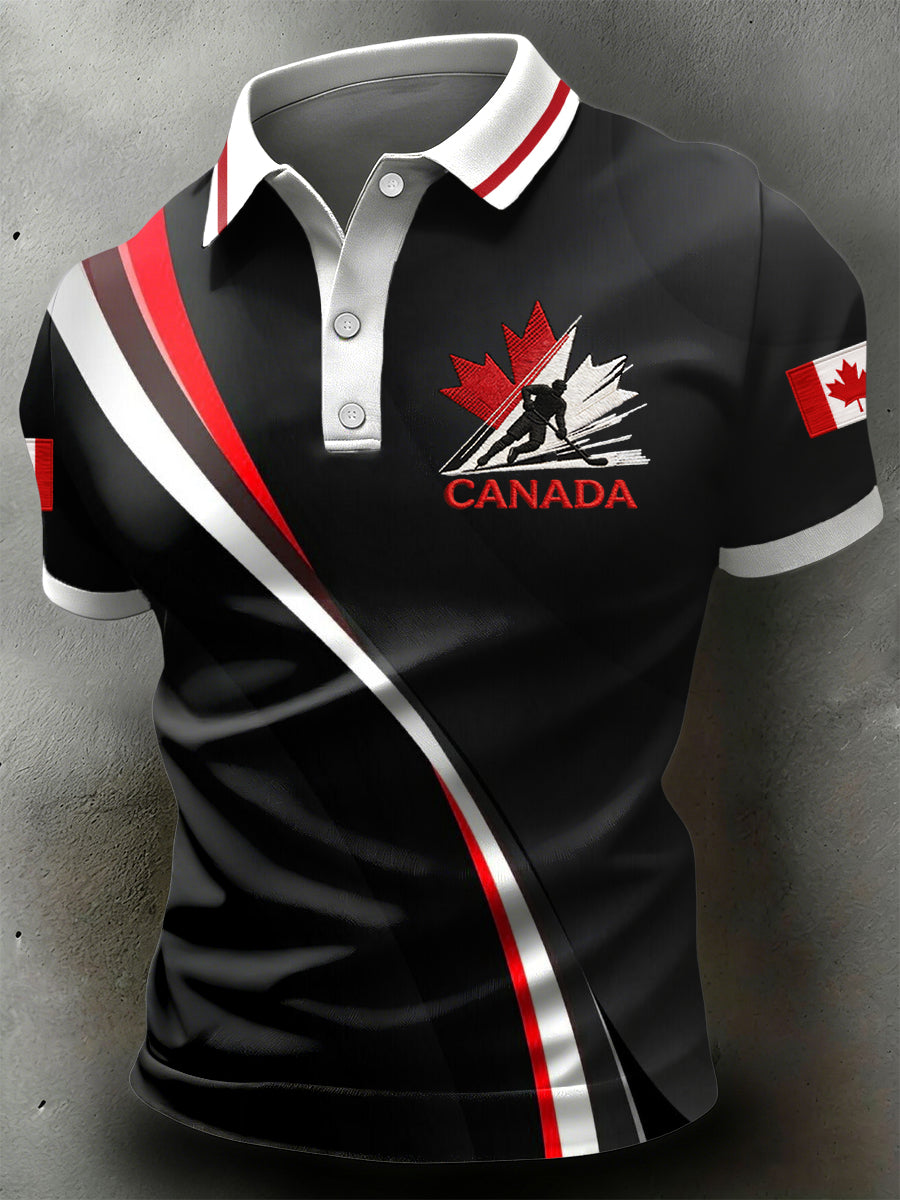 Retro Canadian Hockey Stripe Art Casual Polo Shirt