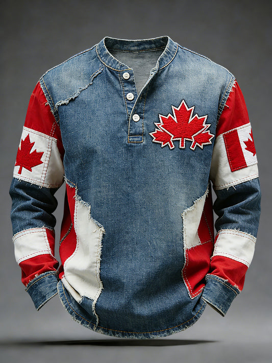 Retro Canadian Hockey Maple Leaf Patchwork Casual Henley Shirt