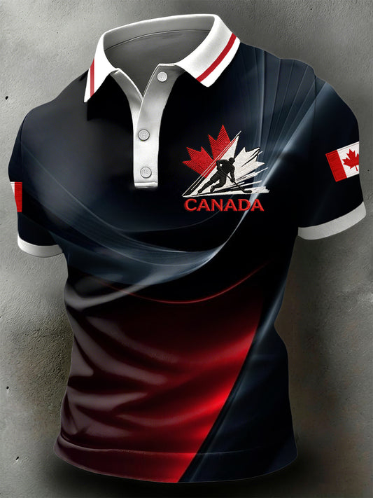 Retro Canadian Hockey Stripe Textured Casual Polo Shirt