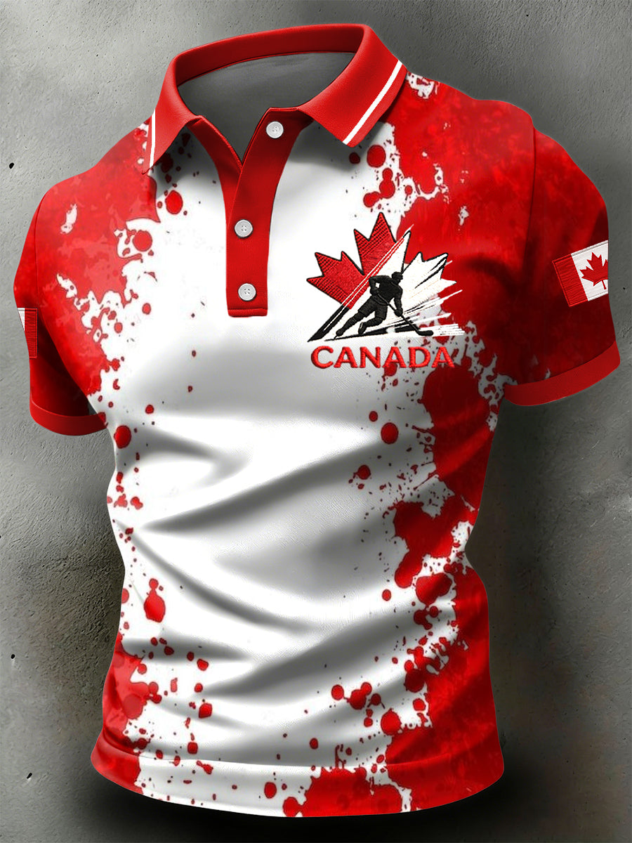 Retro Canadian Hockey Abstract Ink-Washed Casual Polo Shirt