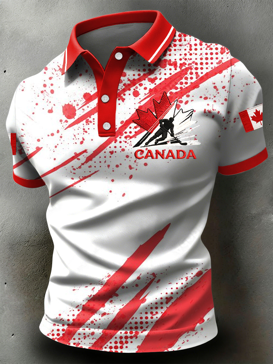 Retro Canadian Hockey Ink Art Casual Polo Shirt