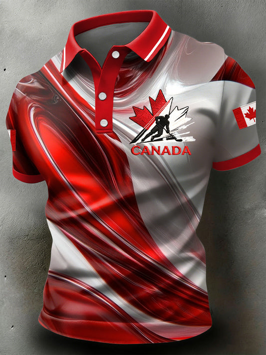 Retro Canadian Hockey Stripe Textured Casual Polo Shirt
