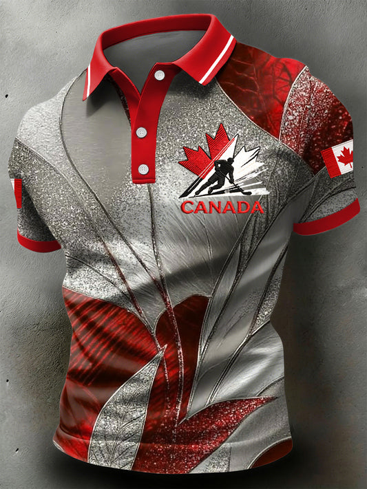 Retro Canadian Hockey Abstract Geometric Casual Polo Shirt