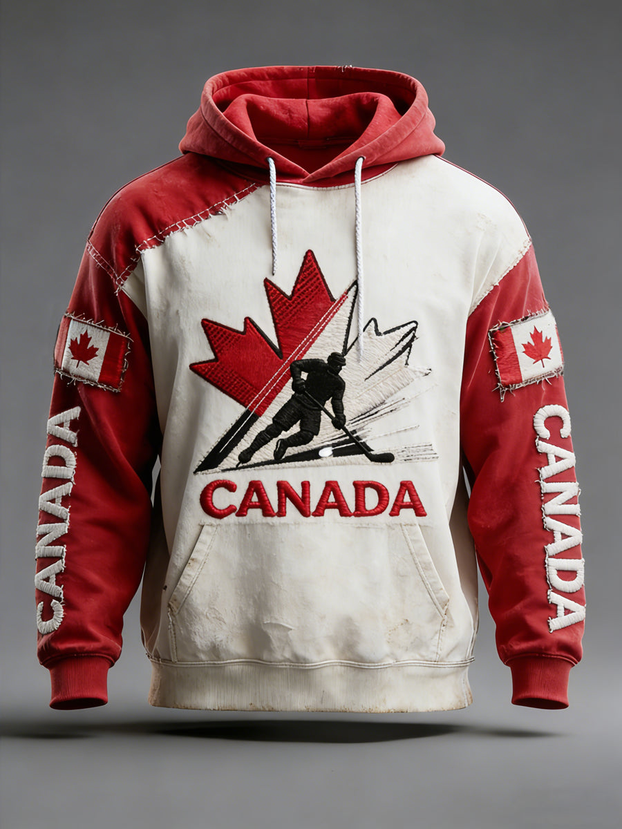 Retro Canadian Hockey Patchwork Casual Hoodie