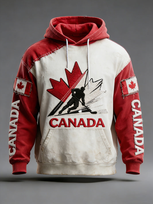Retro Canadian Hockey Patchwork Casual Hoodie