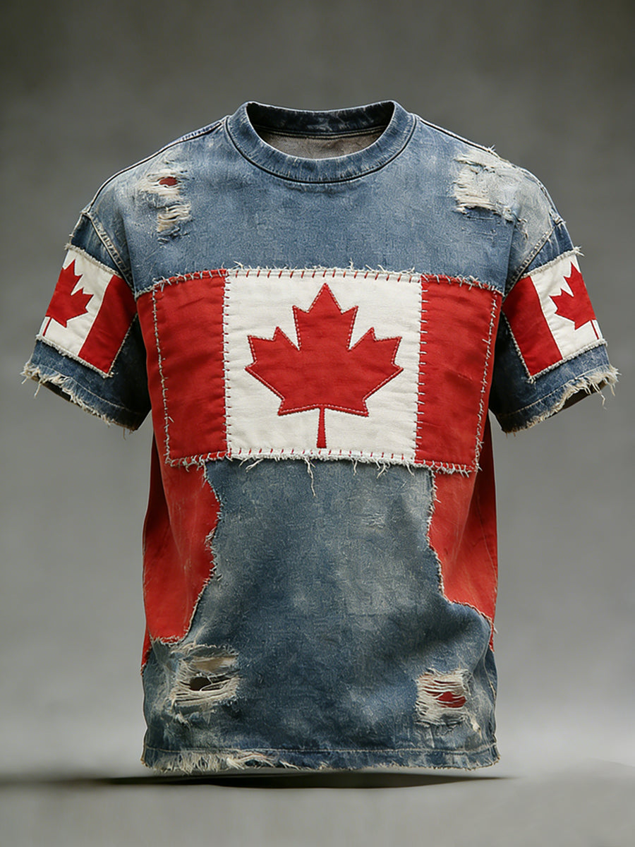 Vintage-Washed Canadian Flag Patchwork Casual T-Shirt