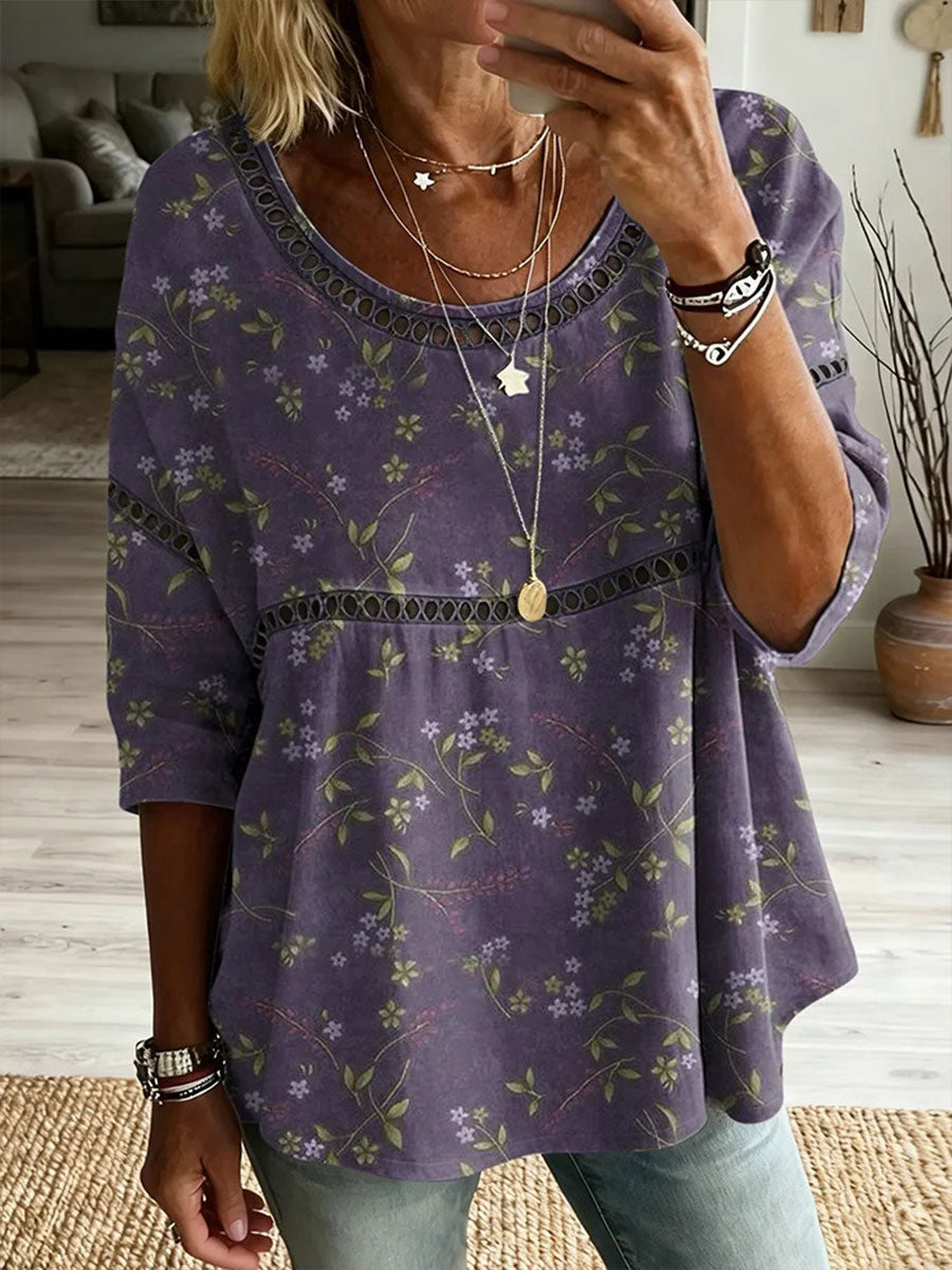 Women's Floral Art Print Cotton Linen Top