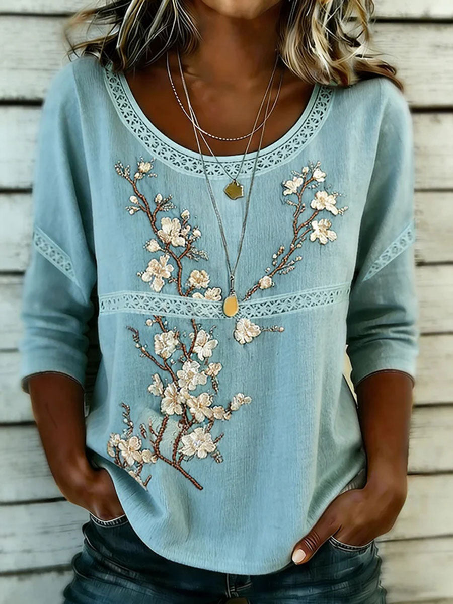 Women's Floral Art Print Cotton Linen Top