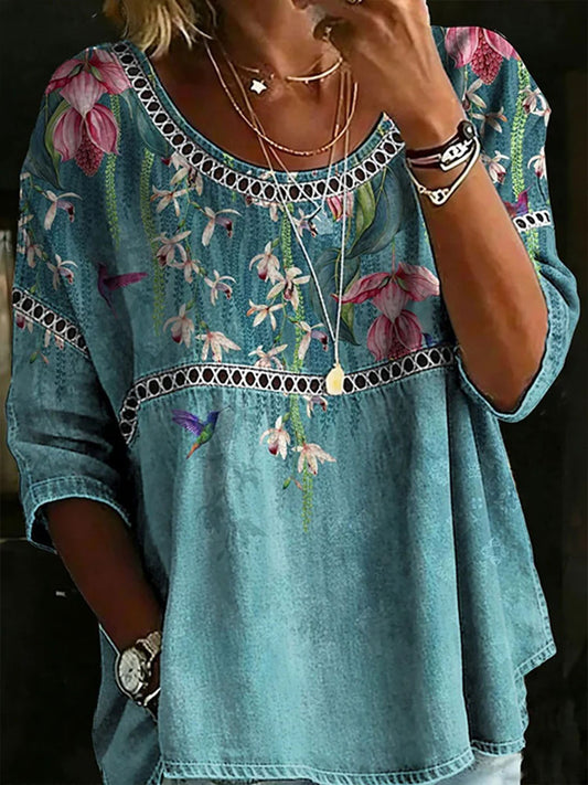 Women's Floral Art Print Cotton Linen Top