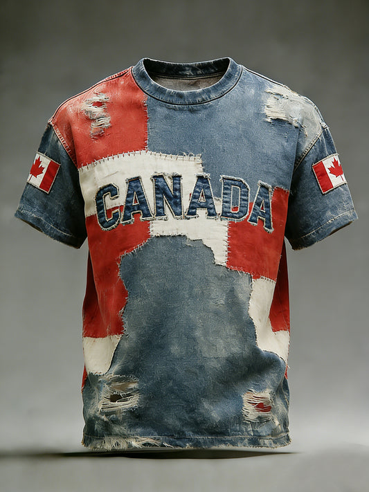 Retro Canadian Flag Patchwork Casual T-Shirt