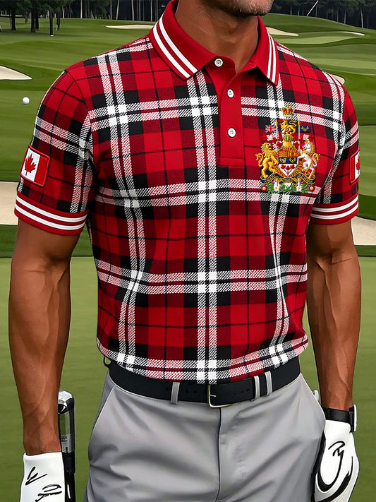 Retro Canadian Badge Plaid Casual Polo Shirt