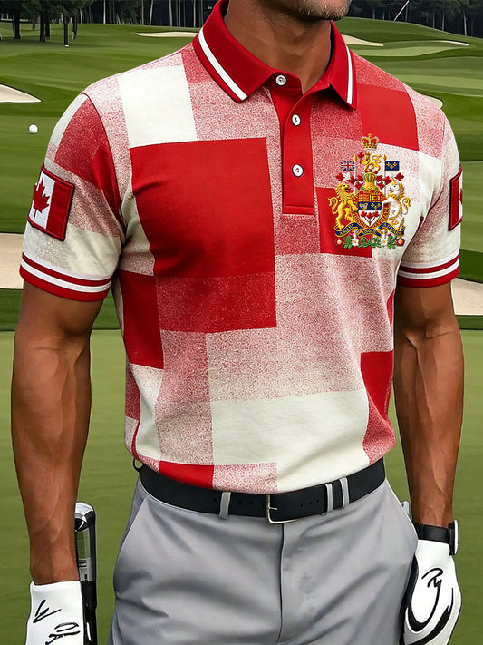 Retro Canadian Flag Emblem Geometric Casual Polo Shirt
