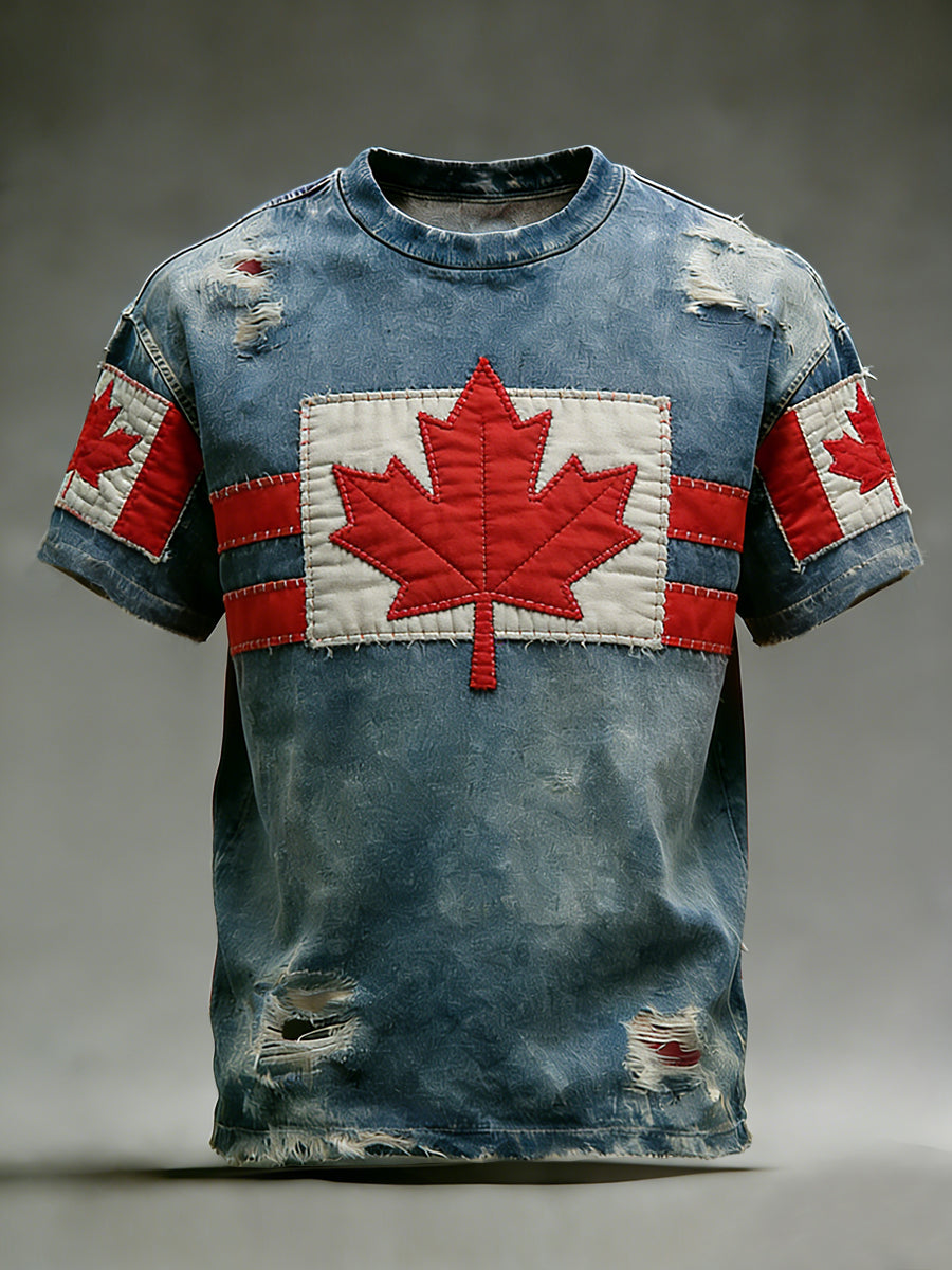 Retro Canadian Flag Maple Leaf Patchwork Casual T-Shirt