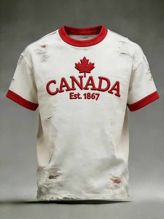 Retro Canadian Maple Leaf Patchwork Casual T-Shirt