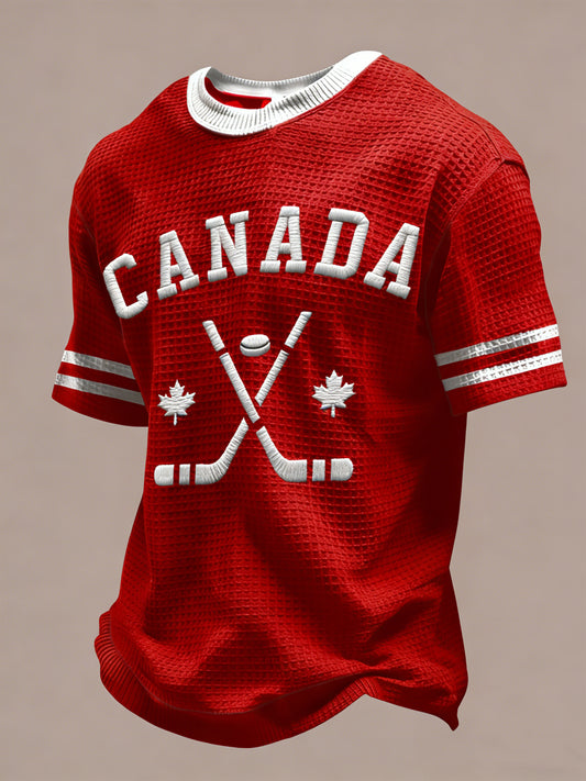 Retro Canadian Hockey Casual Waffle-Weave T-Shirt