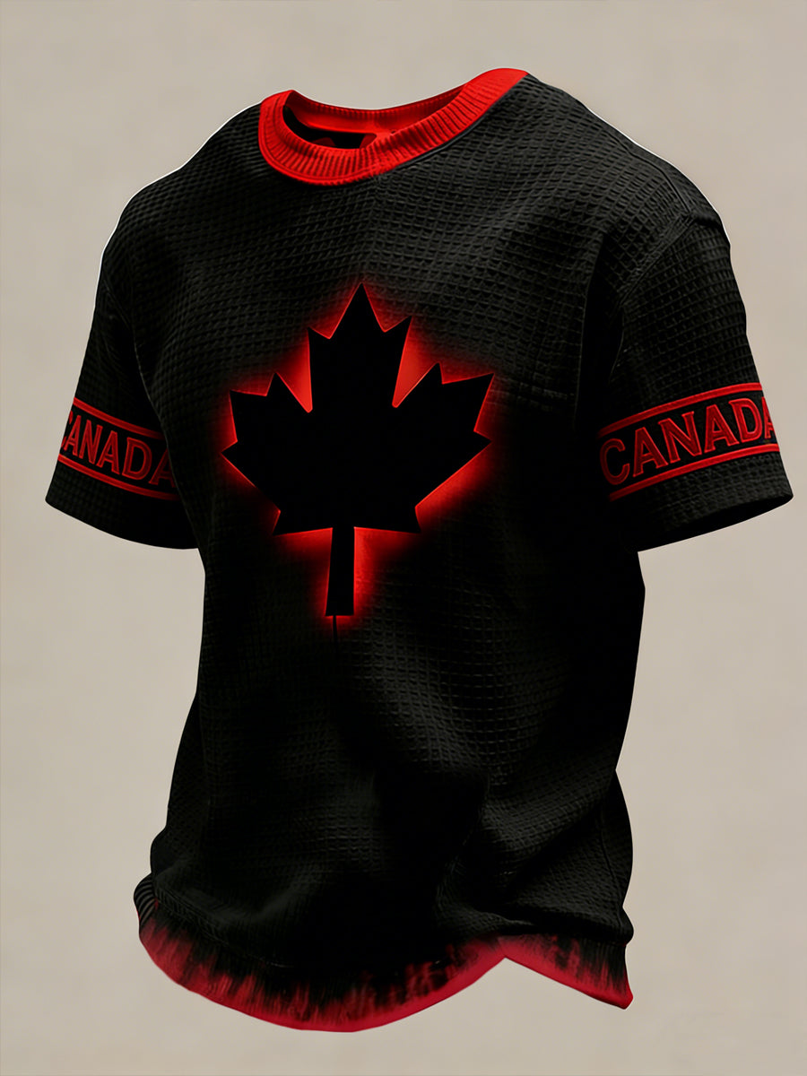 Retro Canadian Maple Leaf Gradient Casual Waffle Weave T-Shirt