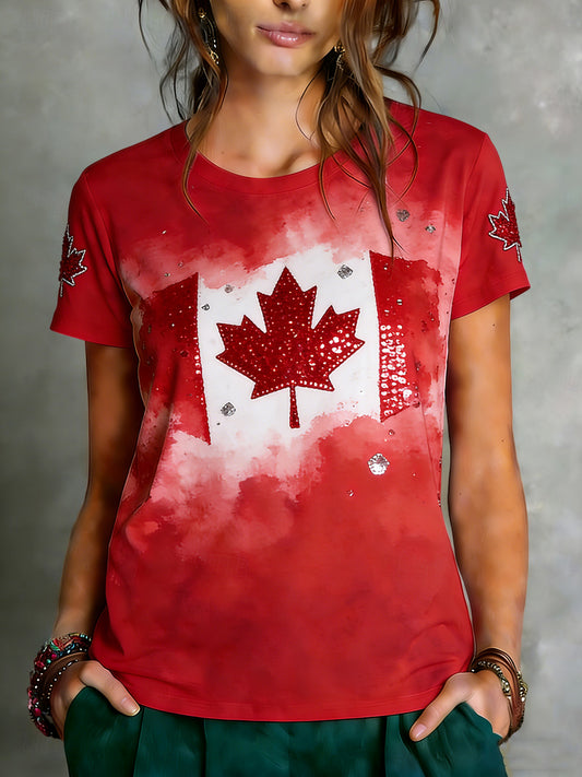 Women's Vintage Canadian Flag Art Casual T-Shirt