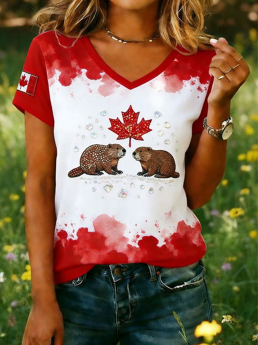 Women's Canadian Beaver Sequined Casual V-Neck T-Shirt