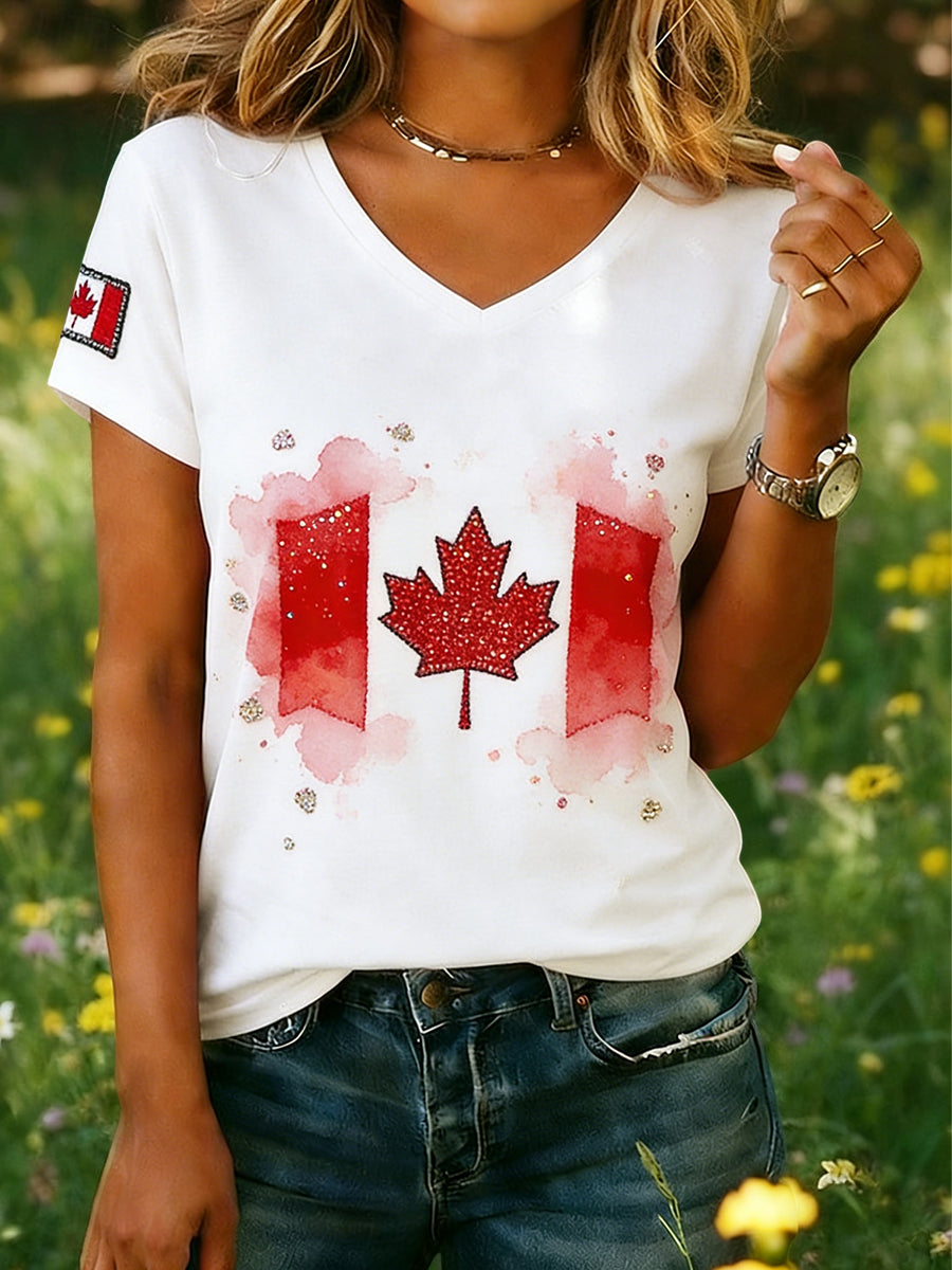 Women's Canadian Flag Sequin Casual V-Neck T-Shirt