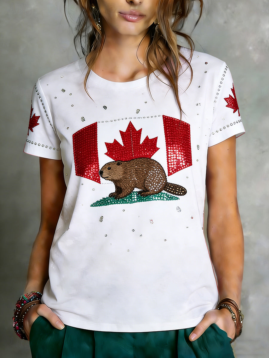 Women's Vintage Canadian Flag Beaver Art Casual T-Shirt