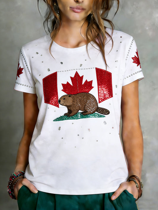 Women's Vintage Canadian Flag Beaver Art Casual T-Shirt